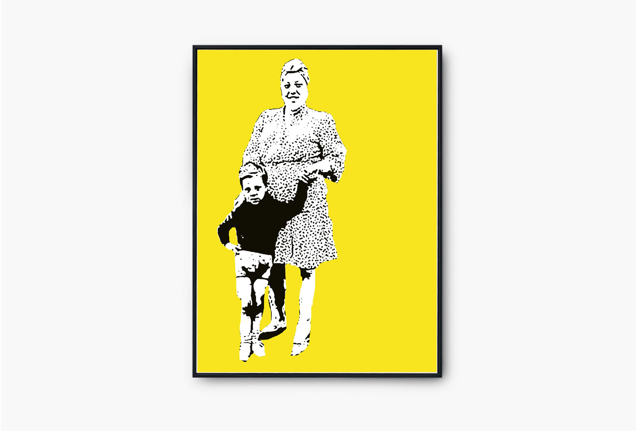 Woman and child - הדפס לקיר קנבס או נייר - שחור לבן על צהוב - אשה וילד